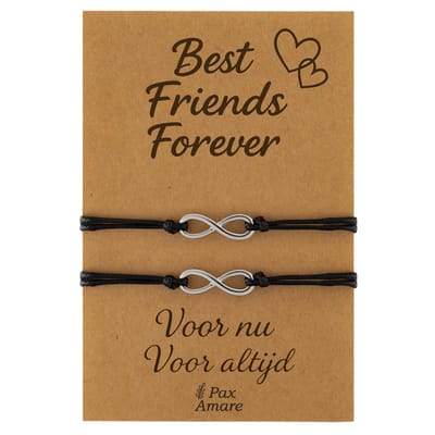 Vriendschapsarmbandjes voor 2 "Best Friends Forever" - Oneindigheidsteken - BFF Armbandjes met Persoonlijk Cadeau Kaartje - Zilverkleurig - Elastisch Verstelbaar - Pax Amare