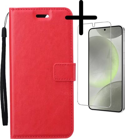 Hoesje Met Screenprotector - Geschikt voor Samsung Galaxy S24 Plus - Luxe Pasjeshouder - Bookcase Portemonee - Flip Case - Kunstleer Book Case - Flipcase - Book Cover - Walletcase - Portemonneehoes - Rood