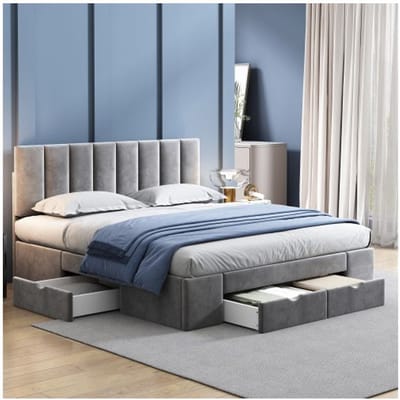 Gestoffeerd bed - MUVOE - 160 x 200 cm - Grijs fluweel - 4 lades - Lattenbodem grijs