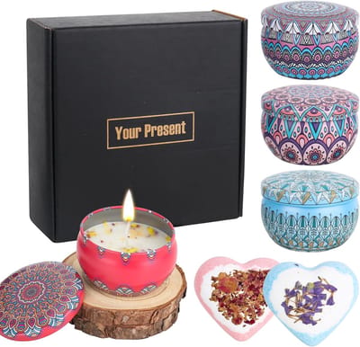 Luxe Sojawas Kaarsen Giftset met Badbommen en Houten Onderzetters - Aromatherapie Cadeau voor Vrouwen