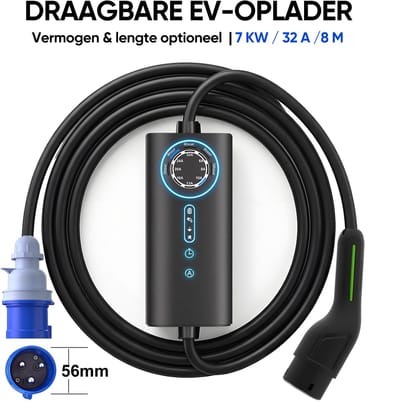Junsun Type 2 draagbare mobiele oplader voor thuisgebruik Geschikt voor elektrische auto's - 8M - 7kW 32A 1-Fase EV Laadkabel - Voldoet aan de EU-normen + CE-certificaat met Zonder scherm - 2 jaar garantie & CEE-stekker