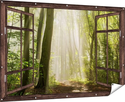 Gards Tuinposter Doorkijk Bos met Bomen en Zonneschijn - 180x120 cm - Tuindoek - Tuindecoratie - Wanddecoratie buiten - Tuinschilderij