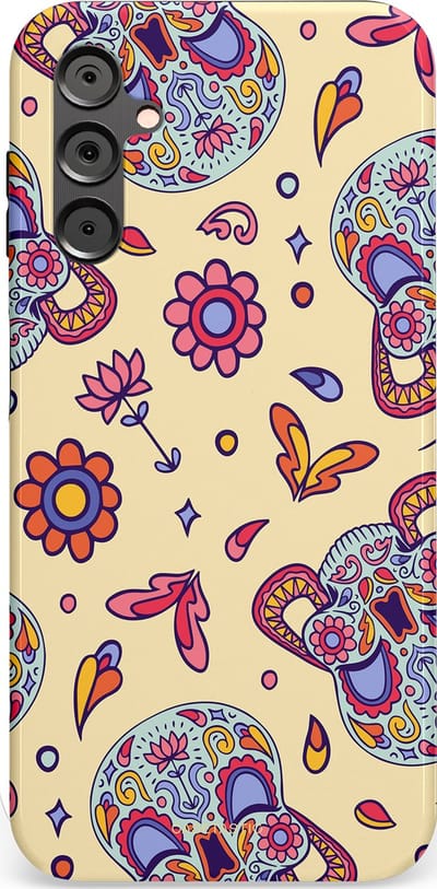 Casetastic hoesje geschikt voor Samsung Galaxy A14 (2023) 5G / Samsung Galaxy A14 (2023) 4G - Dubbellaagse bescherming - Dia de los Muertos Doodshoofd Bloemen - Fashion Case - Crème Lila Zilver