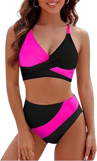Dames 2-Delige Bikini Set – Patchwork V-Hals Bikini Top met String Bikini Broekje, Zomer Badmode, Strand Bikini en Zwemkleding voor Dames - Roze en Zwart - Maat S