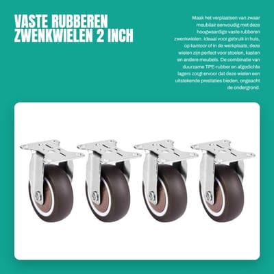 Dailygoods- Zwenkwielen Set van 4 - Vaste Rubber - 2 Inch - Hoog Temperatuurbestendig - Laag Geluidsniveau - Dempstoel - Wielen