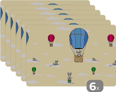 Placemat - Placemats kunststof - Patroon - Muis - Luchtballon - 45x30 cm - 6 stuks - Hittebestendig - Anti-Slip - Onderlegger - Afneembaar