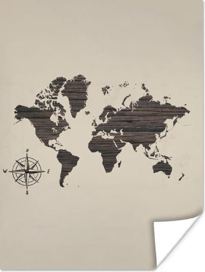 Poster - Wereldkaart - Hout - Vintage - 30x40 cm