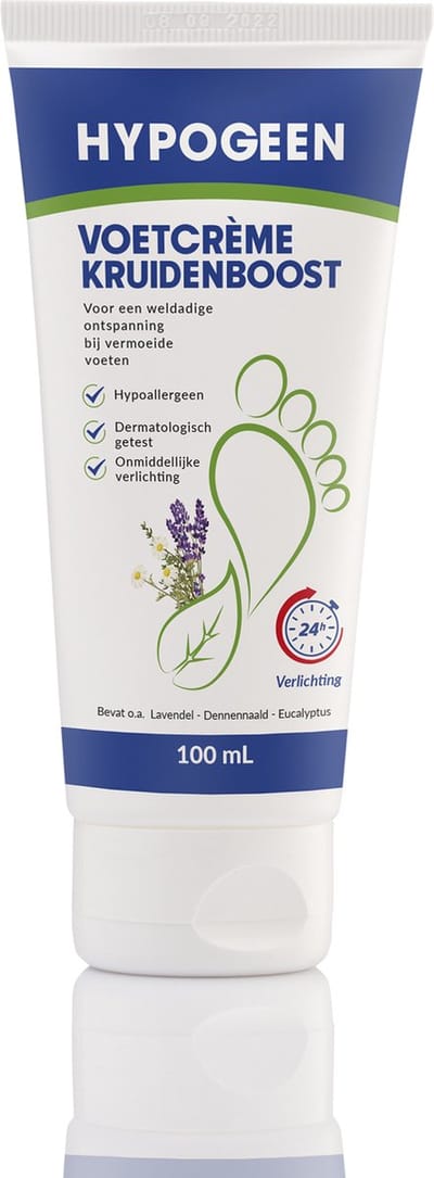 Hypogeen Voetcrème Kruidenboost - 100ml Tube - Hypoallergene & Hydraterende Voetverzorging - Met Lavendel, Dennennaald & Eucalyptus - Mild voor Gevoelige Voeten - PH-neutraal