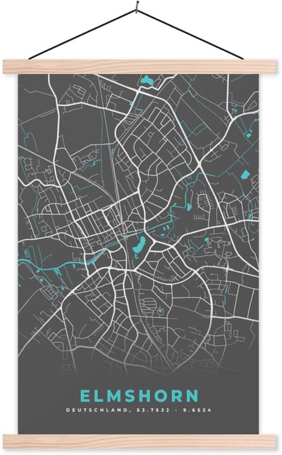 Posterhanger incl. Poster 40x60 cm - Schoolplaat - Stadskaart – Elmshorn – Duitsland – Plattegrond – Kaart - Textielposter - Blanke latten - Stadskaart
