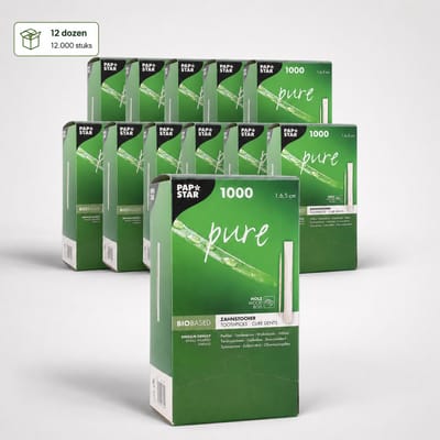 PAPSTAR Tandenstokers Pure – Houten Tandenstokers Per Stuk Verpakt – Rond 6,5 cm – Kartonnen Dispenser – FSC® Gecertificeerd – 12 x 1000 Stuks – 12.000 Tandenstokers
