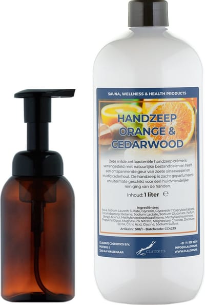 Zeepdispenser 300 ml amber bruin hervulbaar + 1 liter Handzeep Sweet Orange & Cedarwood navulling