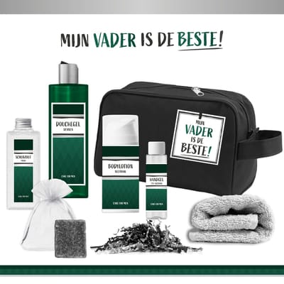Geschenkset ''Mijn Vader Is De Beste!" - 7 Producten - 630 Gram - Triomf Cosmetica | Toilettas zwart Giftset voor Hem Doucheschuim Bamboo Verjaardag Vaderdag Wellness Cadeau Allerbeste Papa Nummer 1 Verjaardagscadeau Topper Speciaal voor jou Groen