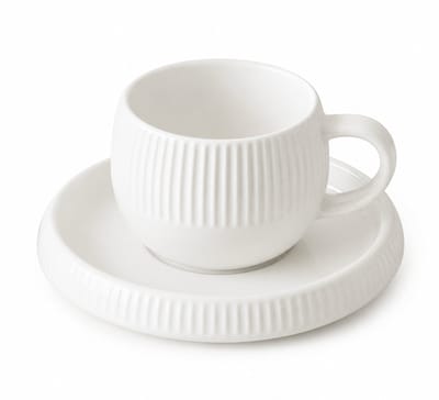 Mevaz Koffiekopjes Set met Schotels – 6 Personen – Keramische Kop en Schotel Set – Wit – 200ml – Geribbeld Design – Espresso, Koffie & Cappuccino Kopjes – 12-delig Servies