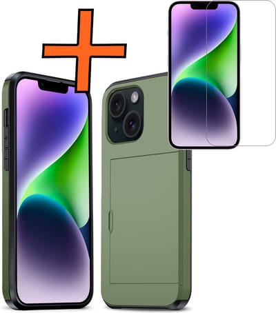 Hoesje Geschikt voor iPhone 14 Hoesje Pasjeshouder Shockproof Hard Case Met Screenprotector - Hoesje Geschikt voor iPhone 14 Hoes Met Kaarthouder - Donkergroen