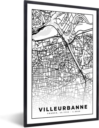 Fotolijst incl. Poster Zwart Wit- Frankrijk - Plattegrond - Villeurbanner - Stadskaart - Kaart - Zwart wit - 40x60 cm - Posterlijst