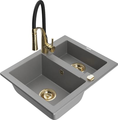Mexen Carlos granieten spoelbak 1,5-kamer met keukenmengkraan Aster, grijs - 6518-71-73450-57-G