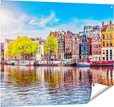 Gards Tuinposter Amsterdamse Huisjes aan het Water - 100x80 cm - Tuindoek - Tuindecoratie - Wanddecoratie buiten - Tuinschilderij