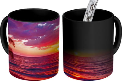 Magische Mok - Foto op Warmte Mokken - Koffiemok - Zon - Horizon - Roze - Palmboom - Zee - Magic Mok - Beker - 350 ML - Theemok