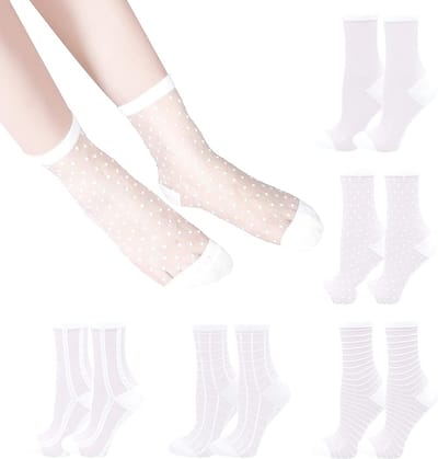 5 Stuks - Dames Transparante Kanten Visnet Sokken - Dunne Nylon Enkelsokken - Comfortabel Elastisch - Wit Zomer Sokken - Eén Maat Geschikt Voor Schoenmaat 15-25 - Modieuze Dameskleding Accessoire | Cyslmuk®