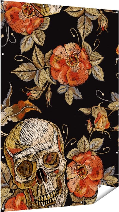 Gards Tuinposter Doodshoofden met Bloemen - Schedels - 120x180 cm - Tuindoek - Tuindecoratie - Wanddecoratie buiten - Tuinschilderij