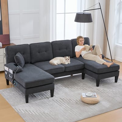 STILVORA U Bank 250 X 130 X 88 Cm - Met 2 Chaise Longues, Usb En Opbergtassen - Voor Woonkamer En Familiekamer - Linnen Donkergrijs