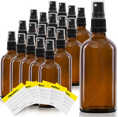 Oputec 20 x 100 ml sprayflessen – bruin glas met fijne verstuiver & etiketten – lekvrij & navulbaar