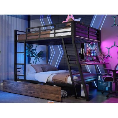 ModernLuxe Stapelbed 140x200 cm - met LED-verlichting - met 2 lades - met oprit + ladder - met bureau - zwart