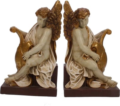 Boekensteun Engel met schild crème/goudkl. S/2 14x11x24,5cm