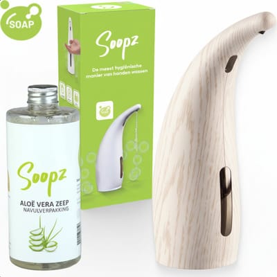 Soopz Automatische Zeepdispenser – Wit – White Wood Classic – Zeeppompje met Bewegingssensor – Met Aloë Vera Zeep