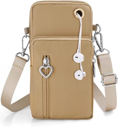 Telefoontasje om te dragen crossbody - Nylon schoudertas met koptelefoonuitgang - Compacte mobiele telefoontas - Schoudertas voor telefoon tot 7 inch - Groen Kaki - Handig en trendy ontwerp