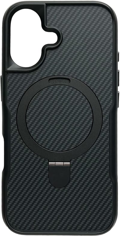 Hoesje Geschikt voor Apple iPhone 16 - Zwart - Geschikt voor MagSafe - Luxe Casemania Carbon Back Cover met Kickstand Ring en Verhoogde Camera Veiligheidsranden