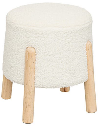 Inuit Witte Bouclé Poef Krukje - Bijzettafel met Houten Poten - 41,5 cm - Krukje - Poef - Nep wol