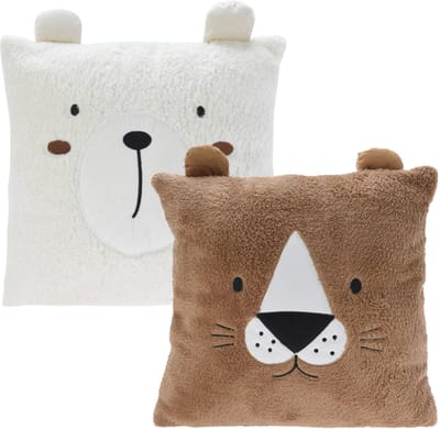 Excellent Houseware Dieren sierkussen - kinderkamer - bruin / wit - 43 cm - 2 stuks - polyester - met oren - decoratie