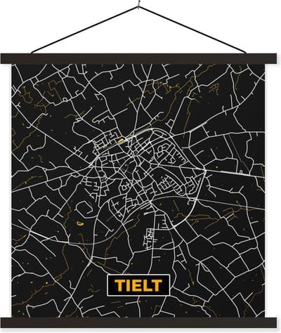 Posterhanger incl. Poster 60x60 cm - Schoolplaat - Kaart - Tielt - Goud - Plattegrond - Stadskaart - Textielposter - Zwarte latten - Stadskaart
