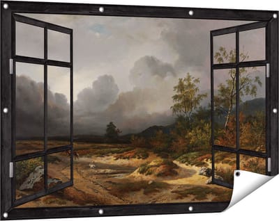 Gards Tuinposter Doorkijk Landschap bij Naderend Onweer - Willem Roelofs - 120x80 cm - Tuindoek - Tuindecoratie - Wanddecoratie buiten - Tuinschilderij