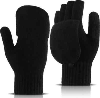 Dames Omkeerbare Vingerloze Handschoenen en Gebreide Wanten voor Koude Weer, Zwart, Comfortabel en Stijlvol