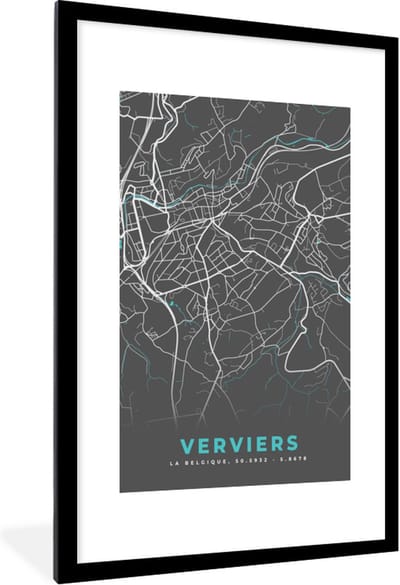 Fotolijst incl. Poster - Stadskaart – Grijs - Kaart – Verviers – België – Plattegrond - 80x120 cm - Posterlijst