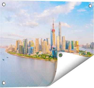 Gards Tuinposter Skyline Shanghai Stad in China - 50x40 cm - Tuindoek - Tuindecoratie - Wanddecoratie buiten - Tuinschilderij