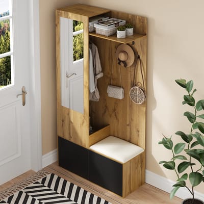 HAUSS SPOLE Garderobeset - Halmeubel Met Spiegel En Zitbank En Bovenplank - 5 Haken, 2 Schoenkasten Voor 8-10 Paar - MDF - 100x38x191 Cm - Zwart/Naturel
