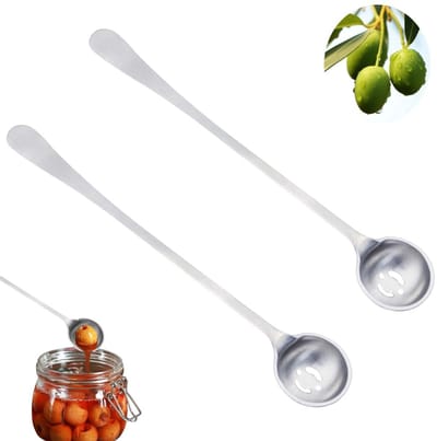 2 stuks - Olijflepel - gatenlepel - zeeflepel - lange steel lepel - zilver - RVS Olijflepel Met Lange Steel - Lange Handvat Olijven Lepel Roestvaststaal - Diepe Pot Lepel Met Lange Steel - Gatenlepel Voor Inmaakpotten