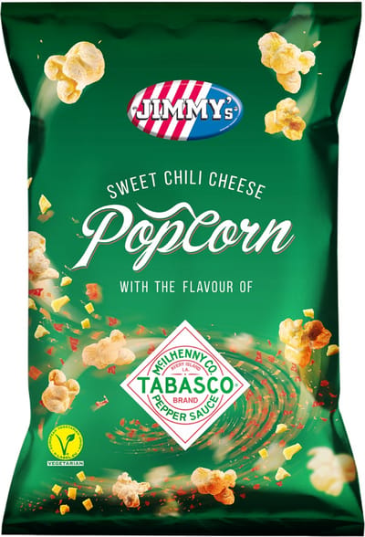 JIMMY's Popcorn Tabasco Sweet Chili Cheese - pittige popcorn met kaas - 8 stuks