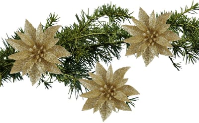 House of Seasons Kerstboom bloemen op clip - 3x stuks - goud - kunststof - kerstornamenten