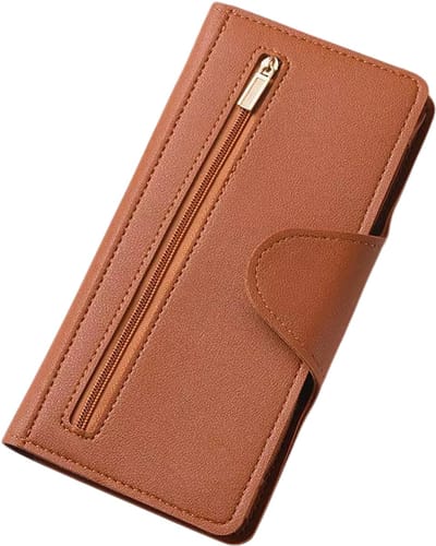 RFID Dames Portemonnee – Ultradunne Lange Portefeuille met Rits en Gesp, Creditcardhouder, Meerdere Kaartvakken, Multifunctionele Modeportemonnee, Luxe Dames Wallet - Bruin