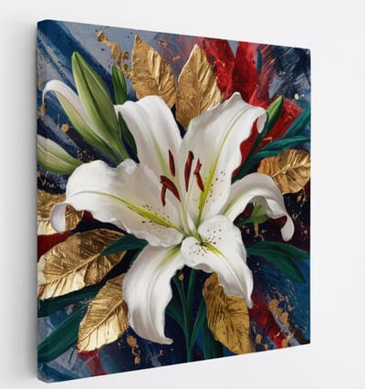 Saammp Canvas Schilderij - Witte Lelie met Gouden Details - Natuur - Bloemen - 20x20 - Foto op canvas - Wanddecoratie - Muurdecoratie Woonkamer - Kantoor Decoratie