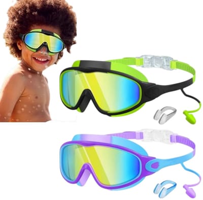 2-delige set - Zwembrillen met groot montuur voor kinderen - Stabiele pasvorm-Zwembrillen voor waterspelletjes - Duikbrillen -16*7,5 cm - Voor kinderen van 3 tot 15 jaar om te dragen tijdens het zwemmen en spelen in het water - Zwartgroen, blauwpaars