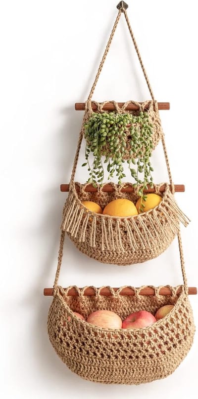 Hangende Fruitmand - en groentemand met 3 lagen - Verwijderbaar wandnet - Handgeweven jute wandmand - Multifunctioneel keukenhangrek - Fruit- en groenteopslag - Woondecoratie in Boheemse stijl