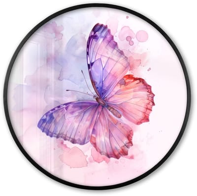 Poster in lijst Rond - Fotolijst 60x60 cm - Posters - Vlinder - Paars - Pastel kleuren - Verf - Ronde posterlijst zwart - Decoratie - Wanddecoratie woonkamer - Muurdecoratie slaapkamer