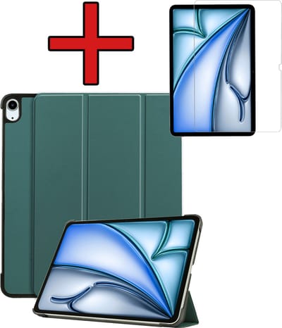 Hoesje - Geschikt voor Apple iPad Air (2024/2025/2026) - 11 inch - Met Screenprotector - Hardcover Book Case - Trifold Bookcase Hoes - Hard Cover - Tablethoes - Donkergroen