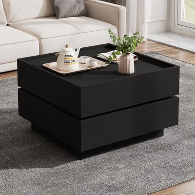 Wishdor - Salontafel - 360° Draaibaar Met 2 Laden - Modern - Voor Woonkamer - Spaanplaat - Zwart - 60 X 60 X 38 Cm