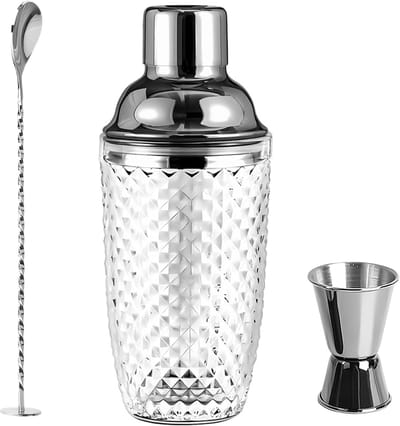 cocktailshaker 400 ml helder glas cocktail shaker mixer set met roestvrij staal lekvrije maatbeker deksel en zeef geschenkdoos voor thuis bar wijn gemengde vruchtensappen dranken (1-Zilver)